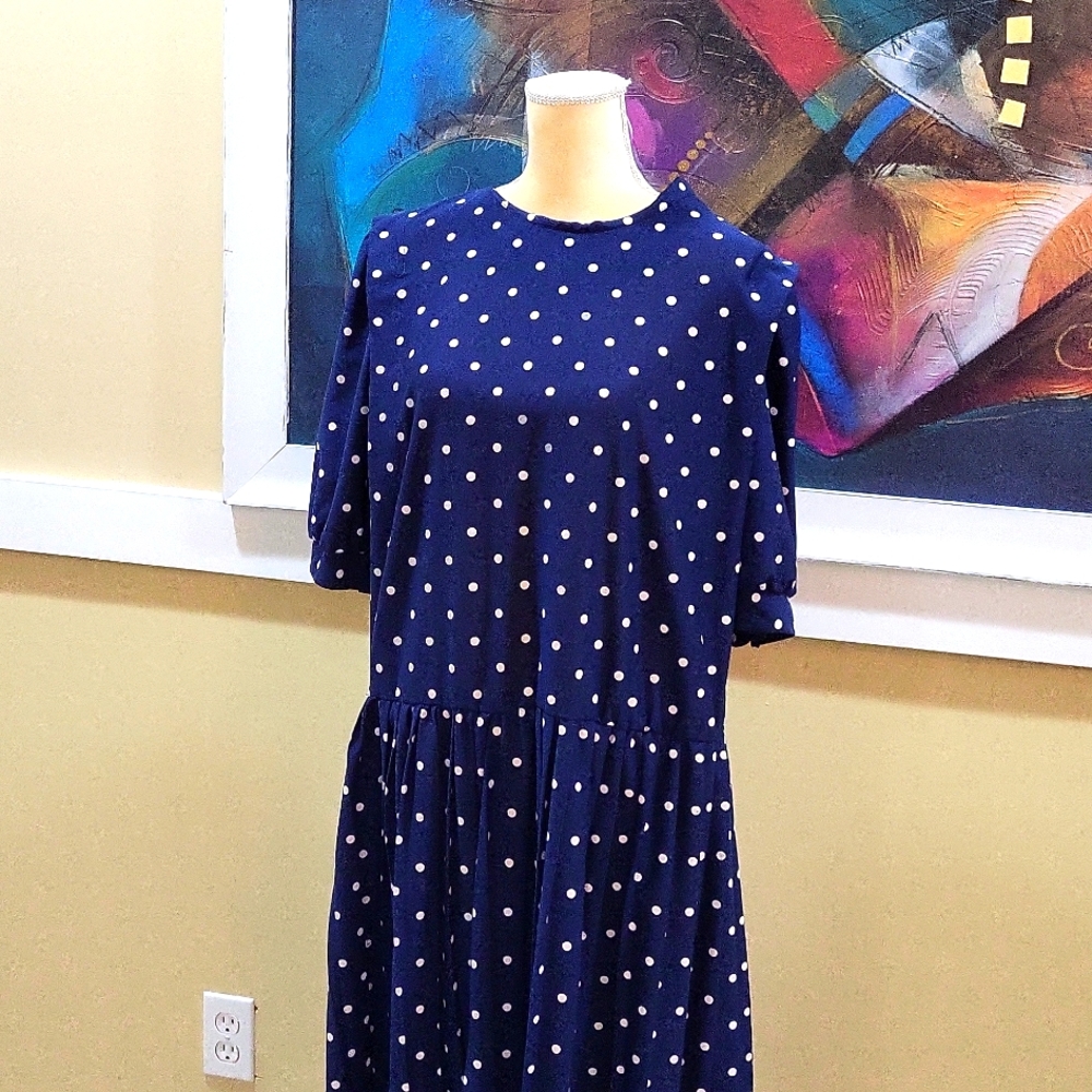 DRESS, NAVY/POLKA DOT PLUS